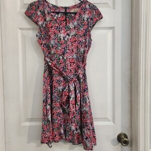 Floral Mini Dress in Pink and Black With Belt